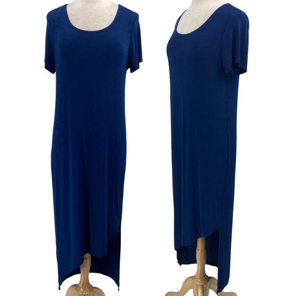 Chicos Travelers Stretchy Knit Midi Dress Asymmetrical High Low Hem Blue Medium - Picture 1 of 11